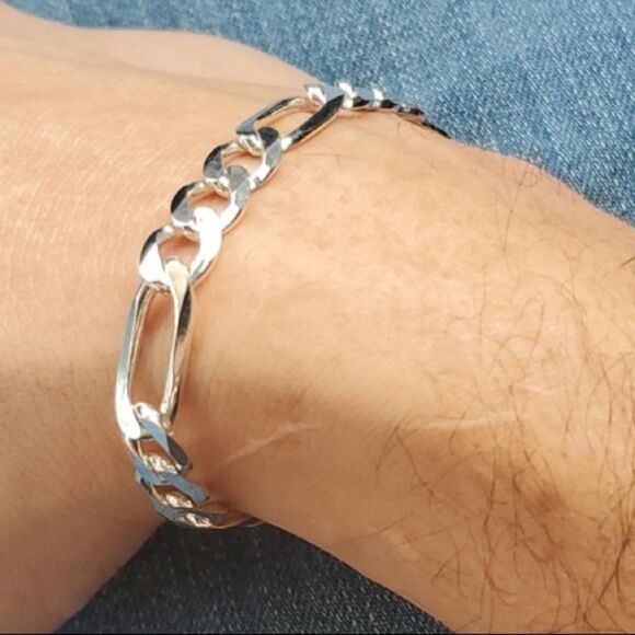 Solid 925 Sterling Figaro Chain Link Bracelet - Picture 1 of 6